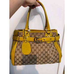 Preloved Gucci GG Canvas Running Tote Bag with vibrant yellow leather trim-26092897-BX