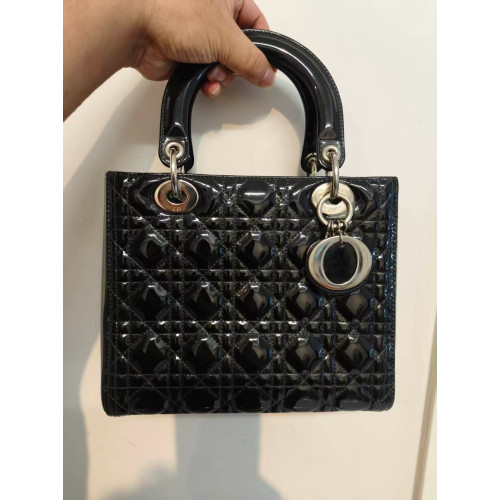 Preloved Christian Dior Medium Lady Dior Bag in Black Patent Cannage Calfskin-26101004-BX