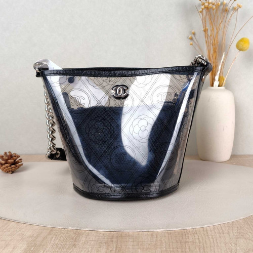 Preloved Chanel Camellia Printed PVC and Black Crumpled Calfskin Coco Bucket Bag-DS60915589-DV