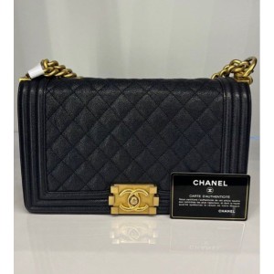 Chanel Medium Boy Caviar Leather Black Navy, Gold Tone Hardware