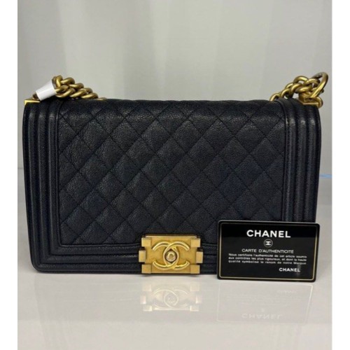 Chanel Medium Boy Caviar Leather Black Navy, Gold Tone Hardware