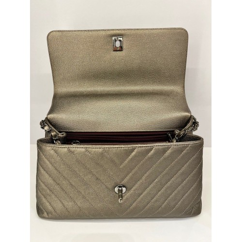 Chanel Coco Handle Medium Bronze Caviar Chevron Leather, Silver Hardware