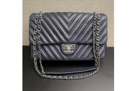 Chanel Flap Bag Blue Chevron Leather, Silver Hardware