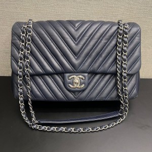 Chanel Flap Bag Blue Chevron Leather, Silver Hardware