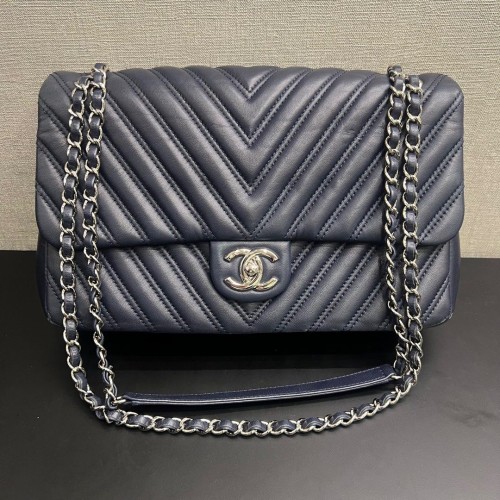 Chanel Flap Bag Blue Chevron Leather, Silver Hardware