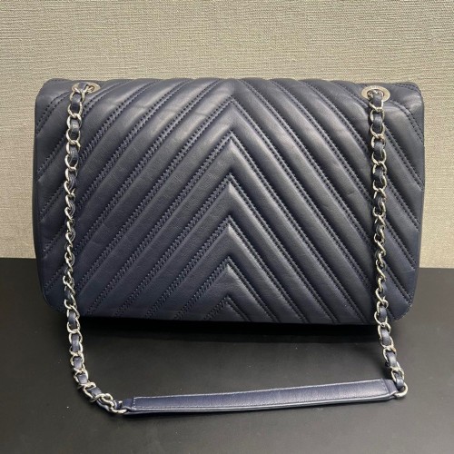 Chanel Flap Bag Blue Chevron Leather, Silver Hardware