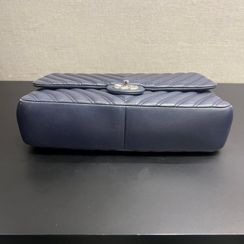 Chanel Flap Bag Blue Chevron Leather, Silver Hardware
