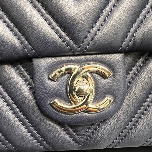 Chanel Flap Bag Blue Chevron Leather, Silver Hardware