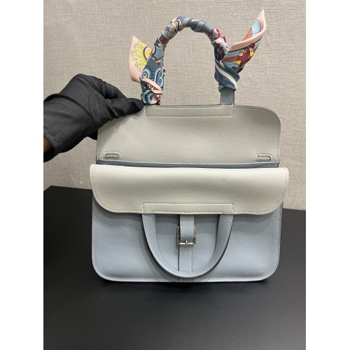 Hermes Halzan 25cm Evercolor J7 Blue Lin