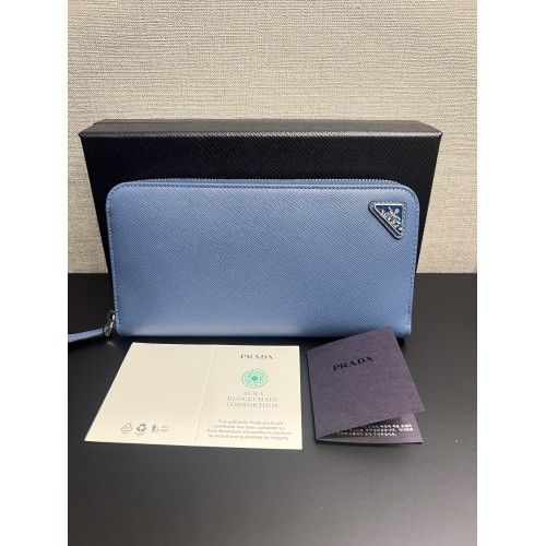 Prada Saffiano Zip Around Wallet Blue