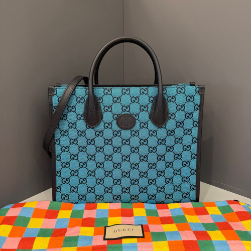 Preloved Gucci Small Retro Interlocking G Tote Canvas Calfskin Blue Black-ws033026b8-MX25