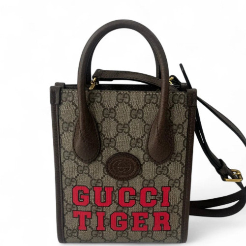 Gucci Mini Interlocking G Tote GG Supreme Monogram Brown Beige Red