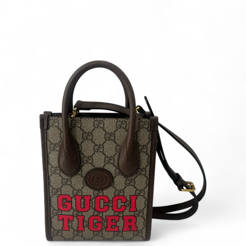 Gucci Mini Interlocking G Tote GG Supreme Monogram Brown Beige Red