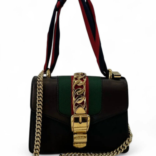 Gucci Small Sylvie Shoulder Bag Calfskin Black Green Red Gucci Small Sylvie Shoulder Bag Calfskin Black Green Red