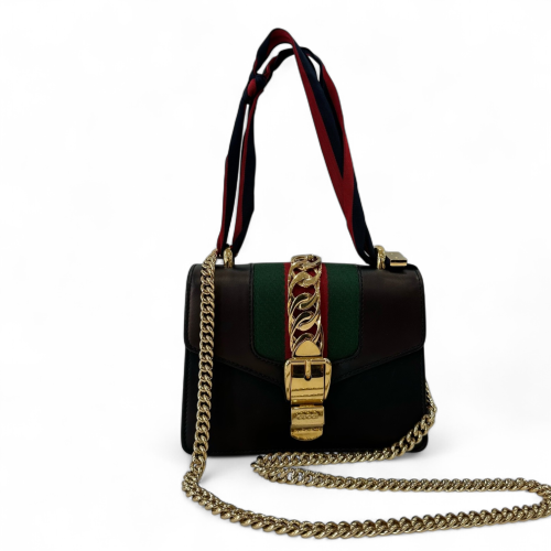 Gucci Small Sylvie Shoulder Bag Calfskin Black Green Red Gucci Small Sylvie Shoulder Bag Calfskin Black Green Red