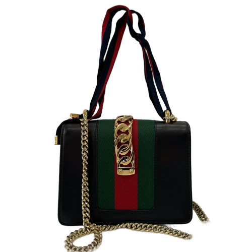 Gucci Small Sylvie Shoulder Bag Calfskin Black Green Red Gucci Small Sylvie Shoulder Bag Calfskin Black Green Red