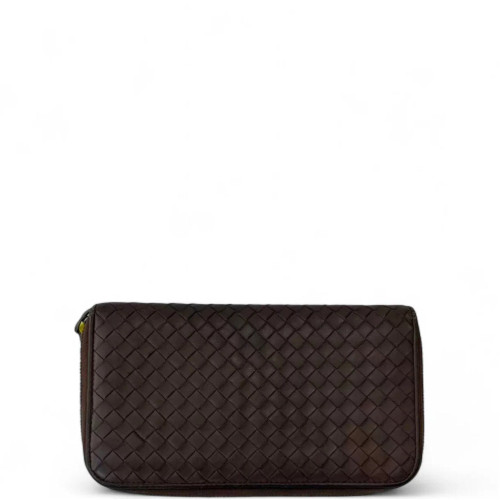 Bottega Veneta Intrecciato Zip Around Wallet Calfskin Intrecciato Dark Brown
