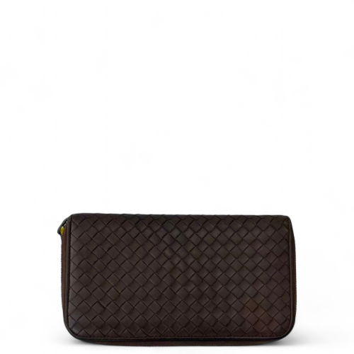 Bottega Veneta Intrecciato Zip Around Wallet Calfskin Intrecciato Dark Brown