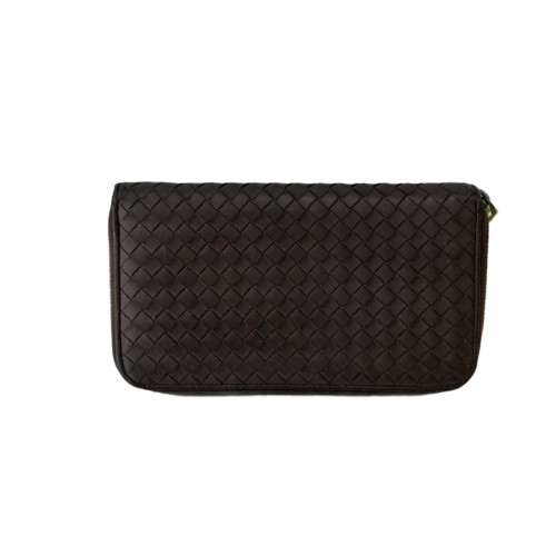 Bottega Veneta Intrecciato Zip Around Wallet Calfskin Intrecciato Dark Brown