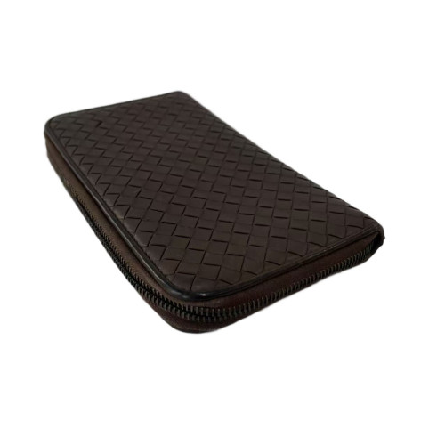 Bottega Veneta Intrecciato Zip Around Wallet Calfskin Intrecciato Dark Brown