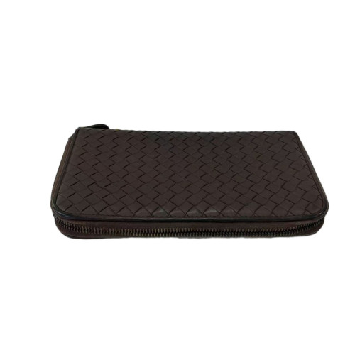 Bottega Veneta Intrecciato Zip Around Wallet Calfskin Intrecciato Dark Brown