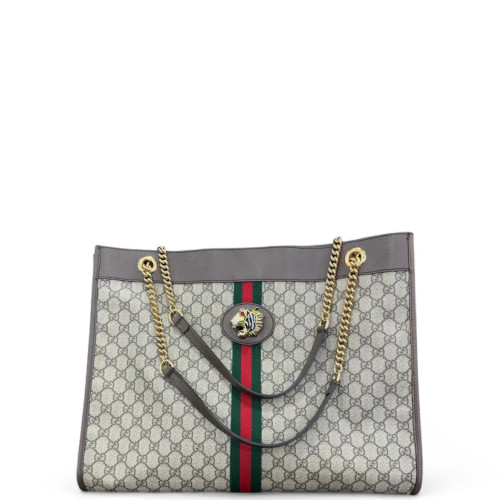 Gucci Tote Bag GG Supreme Monogram Grey Green Red