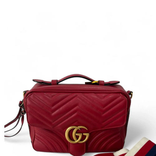 Gucci Chevron Small GG Marmont Top Handle Shoulder Bag Calfskin Red