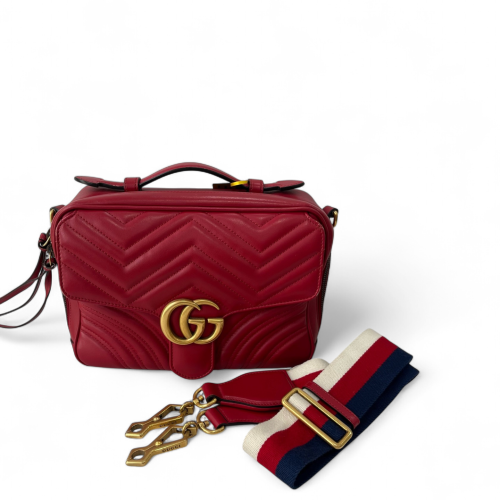 Gucci Chevron Small GG Marmont Top Handle Shoulder Bag Calfskin Red
