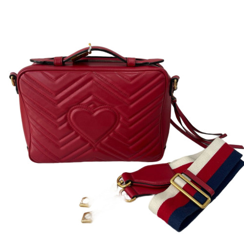 Gucci Chevron Small GG Marmont Top Handle Shoulder Bag Calfskin Red