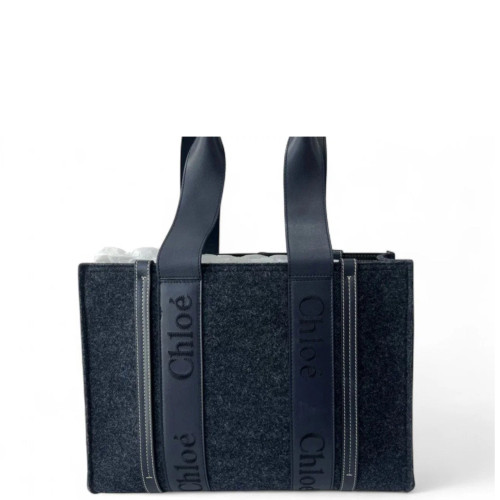 Chloe Tote Bag Felt Cloth Calfskin Navy Dark Grey