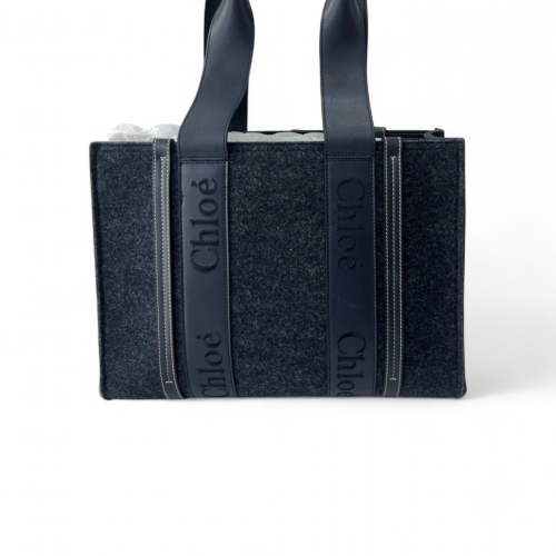 Chloe Tote Bag Felt Cloth Calfskin Navy Dark Grey
