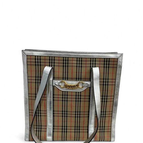 Burberry Tote Bag Haymarket Check Metallic Calfskin Beige Silver Black