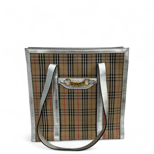 Burberry Tote Bag Haymarket Check Metallic Calfskin Beige Silver Black
