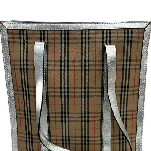 Burberry Tote Bag Haymarket Check Metallic Calfskin Beige Silver Black