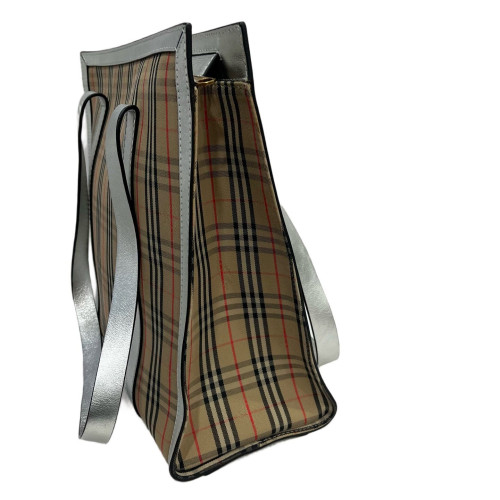 Burberry Tote Bag Haymarket Check Metallic Calfskin Beige Silver Black