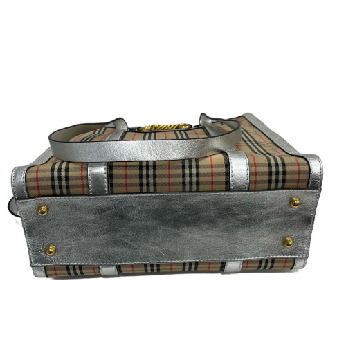Burberry Tote Bag Haymarket Check Metallic Calfskin Beige Silver Black