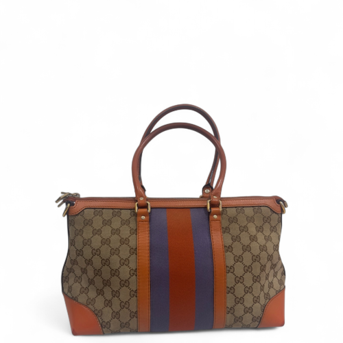 Gucci Tote Bag Calfskin Canvas Beige Brown Orange