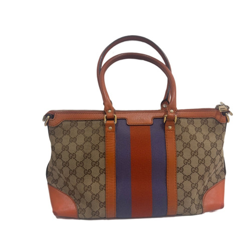 Gucci Tote Bag Calfskin Canvas Beige Brown Orange