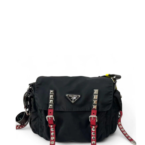 Prada Studded Messenger Nylon Black Red Prada Studded Messenger Nylon Black Red