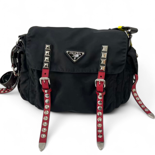 Prada Studded Messenger Nylon Black Red Prada Studded Messenger Nylon Black Red