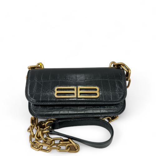Balenciaga Crossbody Bag Calfskin Crocodile Embossed Black