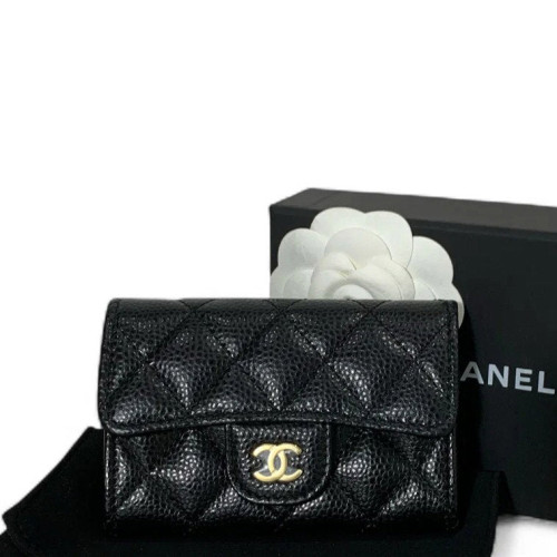 Chanel Quilted Camellia Card Holder Grained Calfskin Black
