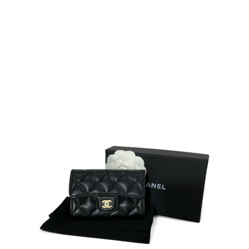 Chanel Quilted Camellia Card Holder Grained Calfskin Black