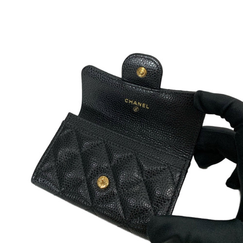 Chanel Quilted Camellia Card Holder Grained Calfskin Black
