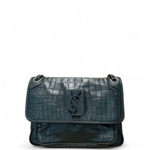 Yves Saint Laurent Niki Crossbody Bag Calfskin Crocodile Embossed Dark Green