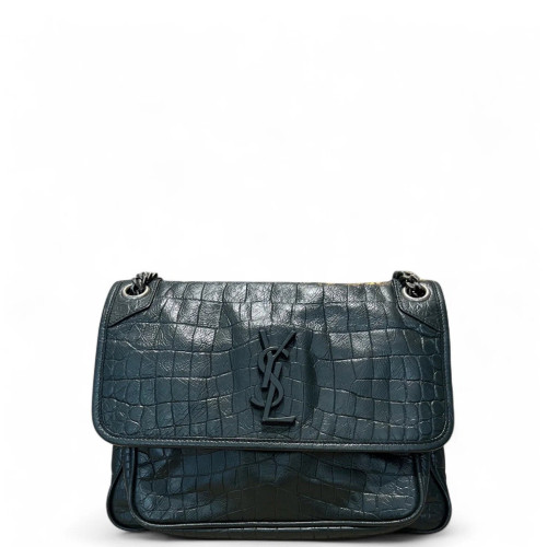 Yves Saint Laurent Niki Crossbody Bag Calfskin Crocodile Embossed Dark Green