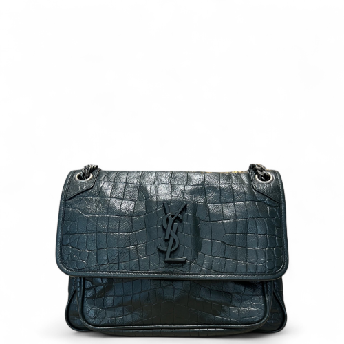 Yves Saint Laurent Niki Crossbody Bag Calfskin Crocodile Embossed Dark Green