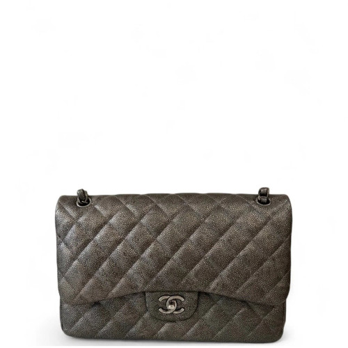 Chanel Quilted Jumbo Double Flap Grained Calfskin Grey