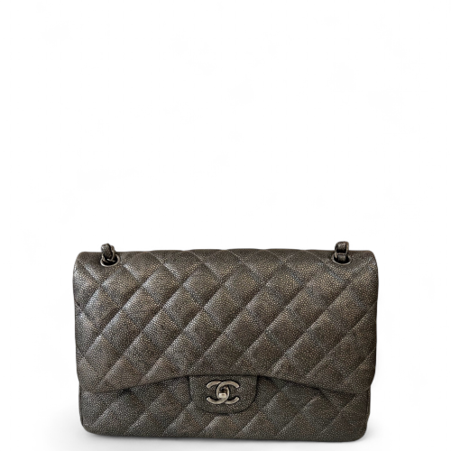Chanel Quilted Jumbo Double Flap Grained Calfskin Grey