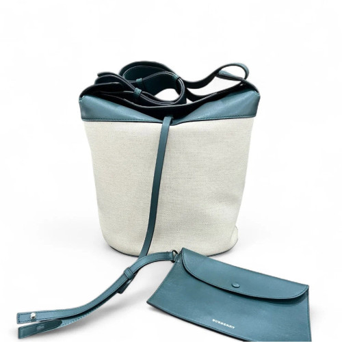 Burberry Bucket Canvas Calfskin Beige Blue